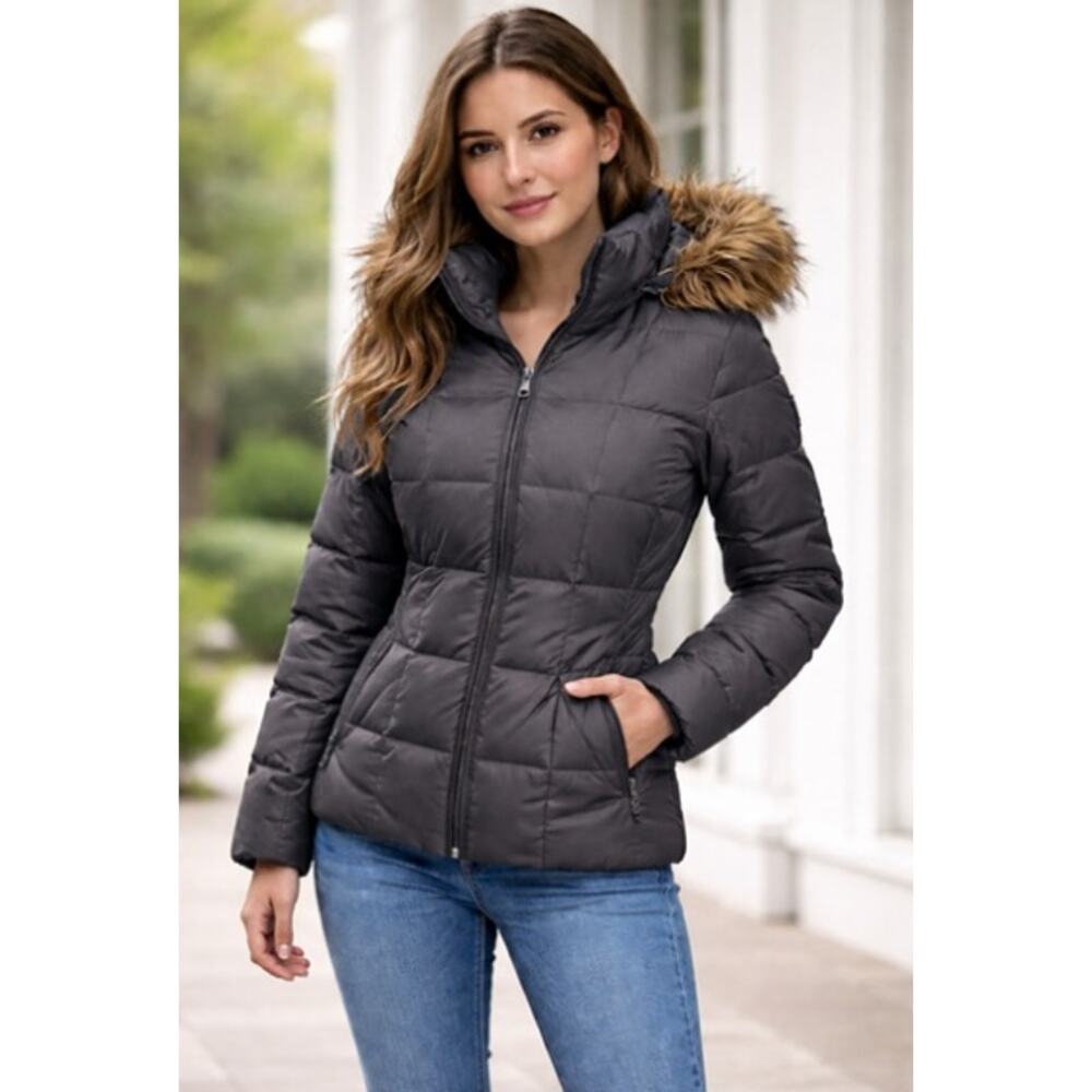 Calvin Klein Petite XS Gray Down Puffer Jacket Faux Fur Hood Winter Coat